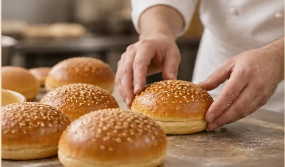 A baker arranging sesame brioche burger buns