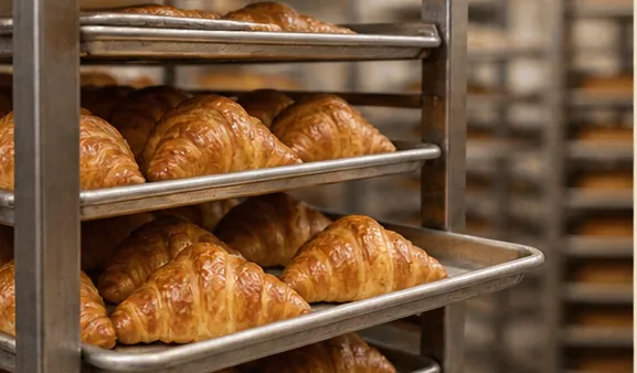 Butter croissants cooling on a bakery rack